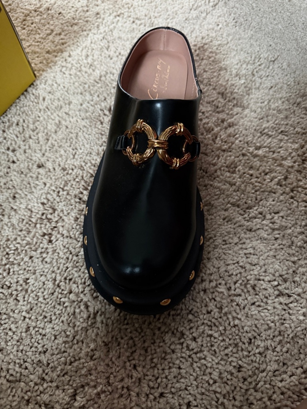 Black Leather Mule with Gold Chain Detail